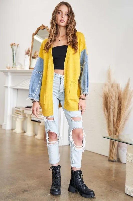 ADORA Full Size Frayed Denim Sleeve Sweater Cardigan Plus Size - Bela Fils BoutiqueBela Fils Boutique